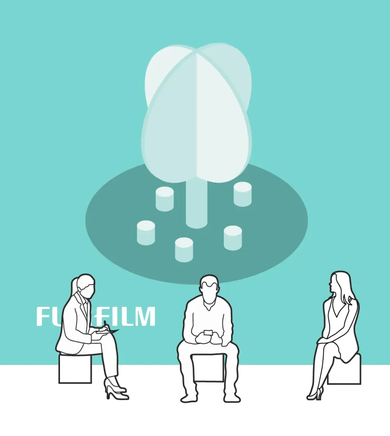 Illustration of a tree and stools used as a three-dimensional event backdrop.